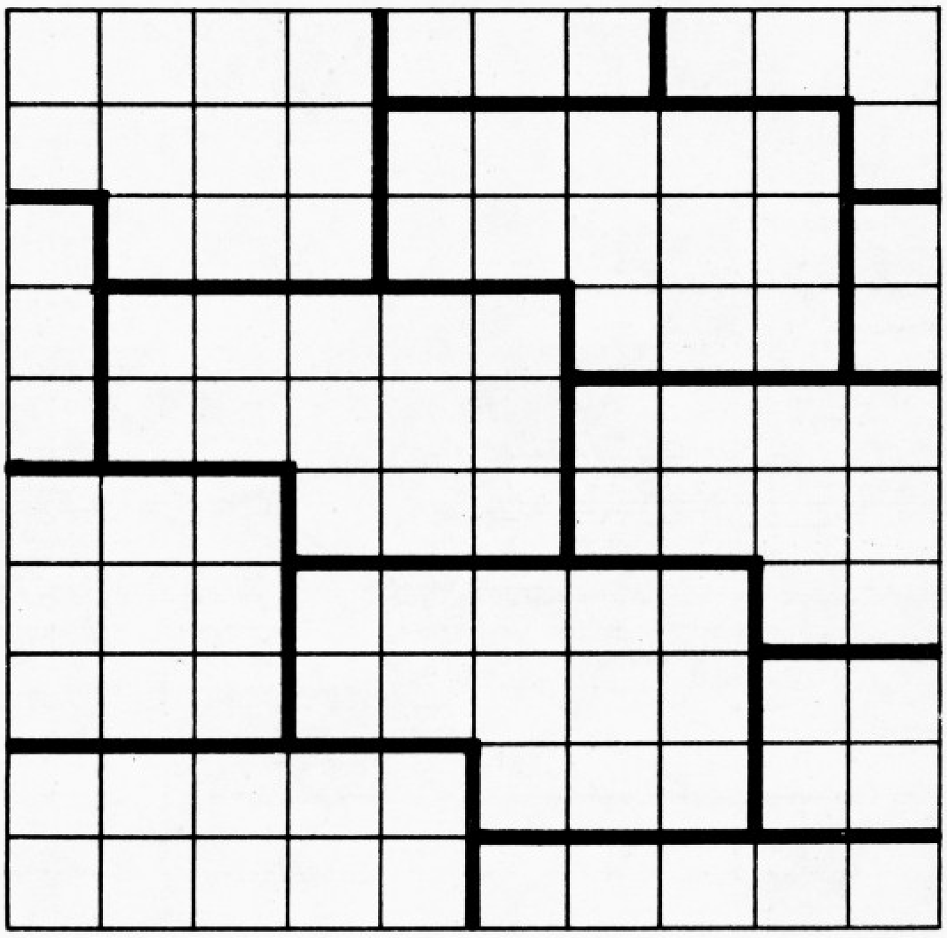 Рис. 4. Плоскость заполнена одинаковыми фигурами площади 13 каждая. Попробуйте найти «элементарный» кусок заполненной таким образом плоскости и склеить из него тор, как мы это сделали с квадратом. {ls}Указание.{/ls} Надо выбрать 13 фигур, из них сложить многоугольник, который не будет квадратом, но тем не менее легко склеится в тор. Делать это надо с листом клетчатой бумаги.