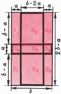 Рис. 5. <nowrap>{literal}<wrap>$2a\lt b$</wrap>‍{/literal}.</nowrap>‍ Первоначальный прямоугольник <nowrap>{literal}<wrap>$a\times b$</wrap>‍{/literal}</nowrap>‍ обведён красной линией, а новый <nowrap>{literal}<wrap>$(2a-b)\times(2b-a)$</wrap>‍{/literal}</nowrap>‍ — чёрной.