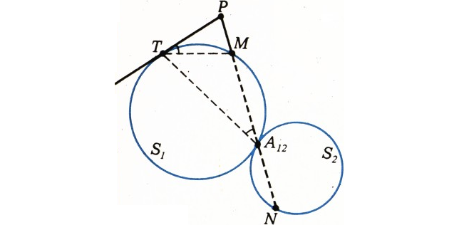 Рис. 1. Если <nowrap>{literal}$PT$&zwj;{/literal}</nowrap>&zwj; — касательная к <nowrap>{literal}$S 1$&zwj;{/literal},</nowrap>&zwj; то <nowrap>{literal}$\angle PTM=\angle PA {ldelim}12{rdelim}T$&zwj;{/literal},</nowrap>&zwj; следовательно, <nowrap>{literal}$\triangle PTM\sim\triangle PA {ldelim}12{rdelim}T$&zwj;{/literal}</nowrap>&zwj; и <nowrap>{literal}$\dfrac{ldelim}PM{rdelim}{ldelim}PT{rdelim}=\dfrac{ldelim}PT{rdelim}{ldelim}PA {ldelim}12{rdelim}{rdelim}$&zwj;{/literal}</nowrap>&zwj;