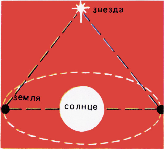 Рис. 5. Определение расстояния до ближайших звёзд методом триангуляции. Известной длиной — базой — служит диаметр орбиты Земли.