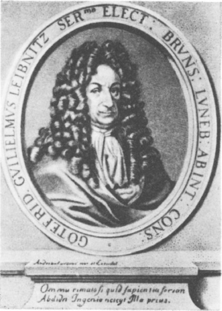 Готфрид Вильгельм Лейбниц(с гравюры М.&nbsp;Бернигерота, 1703&nbsp;г.). Латинское двустишие гласит: если (высшая) мудрость скрыла что-либо от разума, дошедшего до сути всего, то потому, что сама этого не знала.